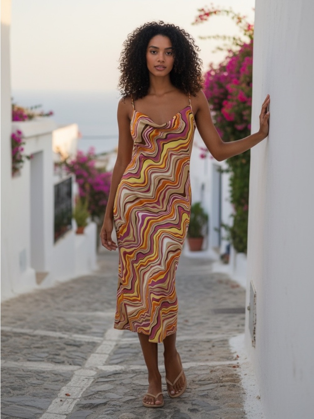 Bog Collective Slip Midi Dress in Multicolor Swirl Print Medium NWT Side Slit